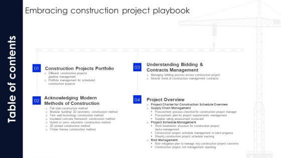 Embracing Construction Project Playbook Table Of Contents Demonstration PDF