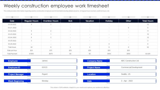 Embracing Construction Project Playbook Weekly Construction Employee Work Timesheet Information PDF
