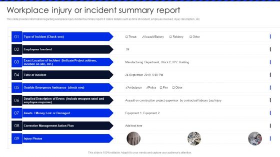 Embracing Construction Project Playbook Workplace Injury Or Incident Summary Report Template PDF