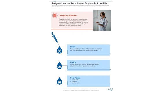 Emigrant Nurses Recruitment Proposal About Us One Pager Sample Example Document