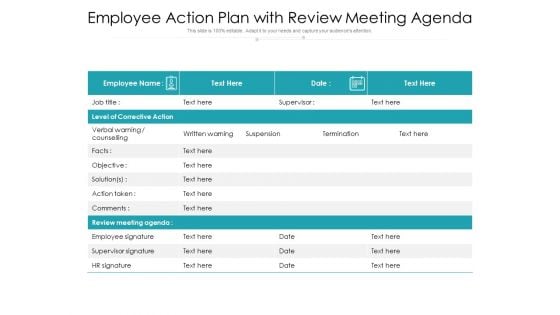 Employee Action Plan With Review Meeting Agenda Ppt PowerPoint Presentation Inspiration Rules PDF