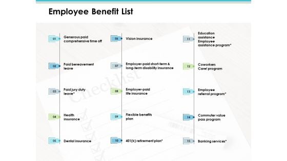Employee Benefit List Employee Value Proposition Ppt PowerPoint Presentation Inspiration Layouts