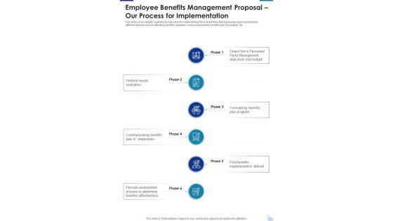 Employee Benefits Management Proposal Our Process For Implementation One Pager Sample Example Document Employee Benefits Management Proposal Our Process For Implementation One Pager Sample Example Document