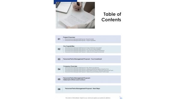 Employee Benefits Management Proposal Table Of Contents One Pager Sample Example Document