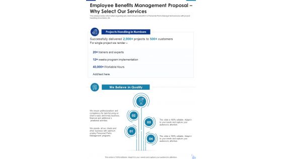 Employee Benefits Management Proposal Why Select Our Services One Pager Sample Example Document Employee Benefits Management Proposal Why Select Our Services One Pager Sample Example Document