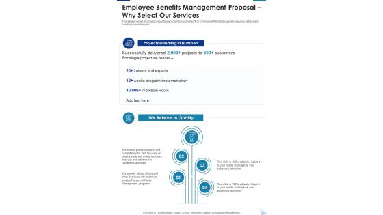 Employee Benefits Management Proposal Why Select Our Services One Pager Sample Example Document