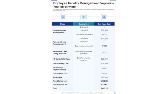 Employee Benefits Management Proposal Your Investment One Pager Sample Example Document