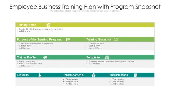 Employee Business Training Plan With Program Snapshot Ppt PowerPoint Presentation Infographics Graphic Images PDF Employee Business Training Plan With Program Snapshot Ppt PowerPoint Presentation Infographics Graphic Images PDF
