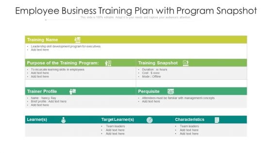 Employee Business Training Plan With Program Snapshot Ppt PowerPoint Presentation Infographics Graphic Images PDF