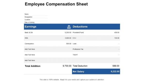 Employee Compensation Sheet Earnings Ppt PowerPoint Presentation Slides Design Ideas