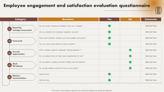 Employee Engagement And Satisfaction Evaluation Questionnaire Clipart PDF