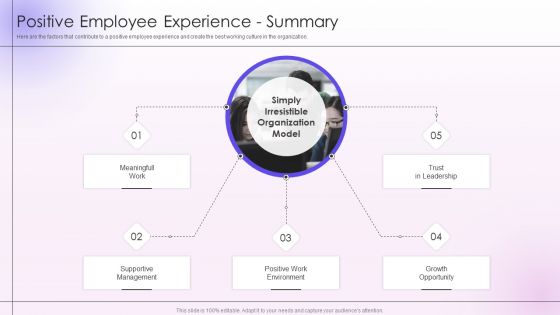 Employee Engagement And Satisfaction Strategies Positive Employee Experience Summary Diagrams PDF