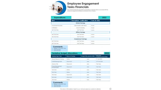 Employee Engagement Tasks Financials One Pager Documents