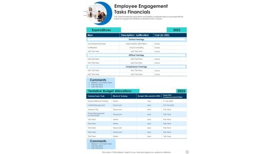 Employee Engagement Tasks Financials One Pager Documents Employee Engagement Tasks Financials One Pager Documents