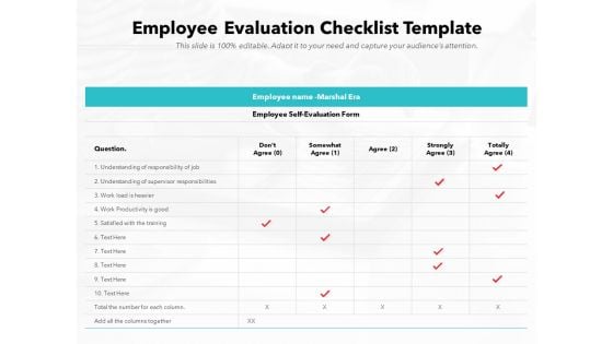 Employee Evaluation Checklist Template Ppt PowerPoint Presentation File Icon PDF