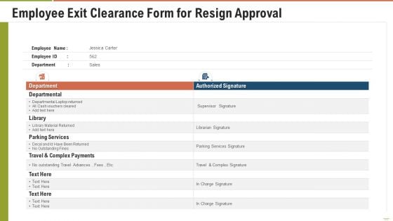 Employee Exit Clearance Form For Resign Approval Ppt Professional Graphics PDF