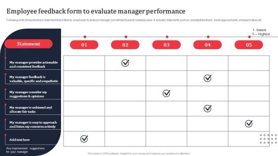 Employee Feedback Form To Evaluate Manager Performance Ppt PowerPoint Presentation File Layouts PDF Employee Feedback Form To Evaluate Manager Performance Ppt PowerPoint Presentation File Layouts PDF