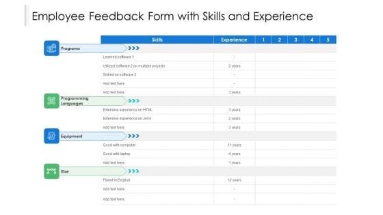 Employee Feedback Form With Skills And Experience Ppt PowerPoint Presentation Inspiration Topics PDF Employee Feedback Form With Skills And Experience Ppt PowerPoint Presentation Inspiration Topics PDF
