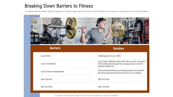 Employee Health And Fitness Program Breaking Down Barriers To Fitness Elements PDF Employee Health And Fitness Program Breaking Down Barriers To Fitness Elements PDF