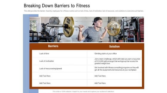 Employee Health And Fitness Program Breaking Down Barriers To Fitness Elements PDF