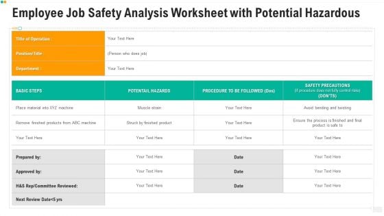 Employee Job Safety Analysis Worksheet With Potential Hazardous Ppt PowerPoint Presentation Gallery Visual Aids PDF