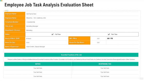 Employee Job Task Analysis Evaluation Sheet Ppt PowerPoint Presentation Gallery Themes PDF