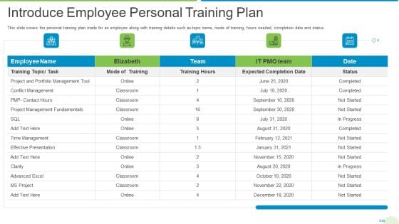 Employee Journey In Company Introduce Employee Personal Training Plan Icons PDF