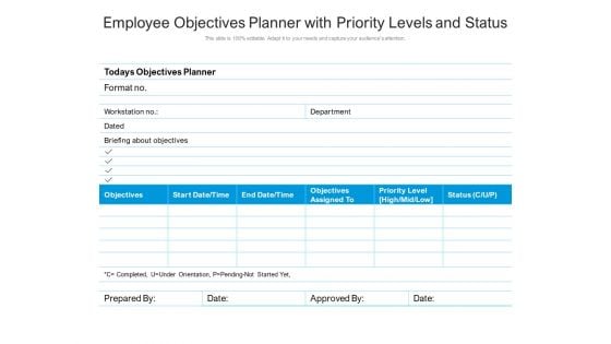 Employee Objectives Planner With Priority Levels And Status Ppt PowerPoint Presentation Visual Aids Deck PDF