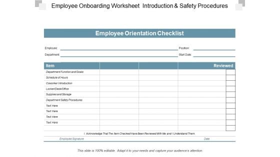Employee Onboarding Worksheet Introduction And Safety Procedures Ppt PowerPoint Presentation Icon Format