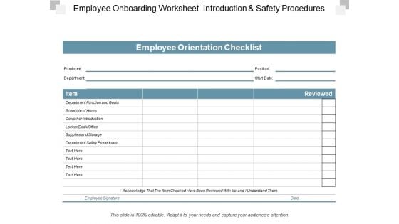 Employee Onboarding Worksheet Introduction And Safety Procedures Ppt PowerPoint Presentation Icon Format