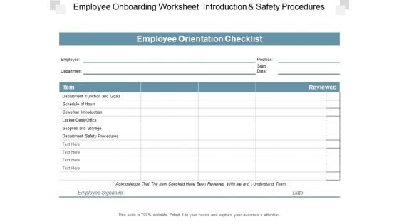 Employee Onboarding Worksheet Introduction And Safety Procedures Ppt PowerPoint Presentation Professional Show Employee Onboarding Worksheet Introduction And Safety Procedures Ppt PowerPoint Presentation Professional Show