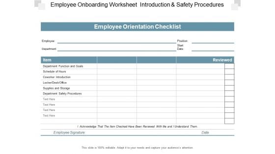 Employee Onboarding Worksheet Introduction And Safety Procedures Ppt PowerPoint Presentation Professional Show