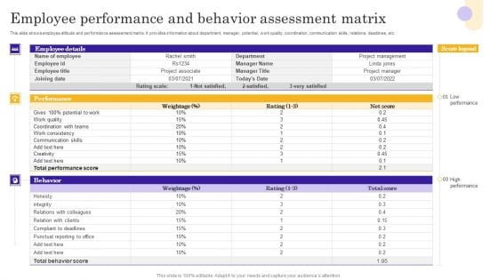 Employee Performance And Behavior Assessment Matrix Ideas PDF