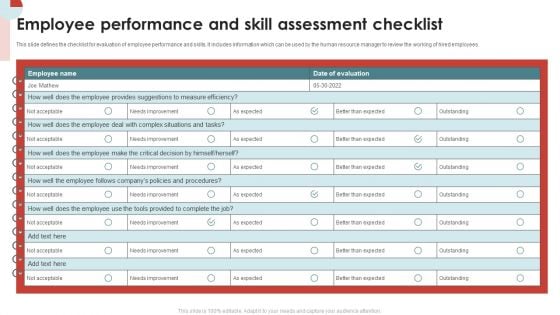 Employee Performance And Skill Assessment Checklist Rules PDF