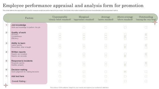 Employee Performance Appraisal And Analysis Form For Promotion Graphics PDF