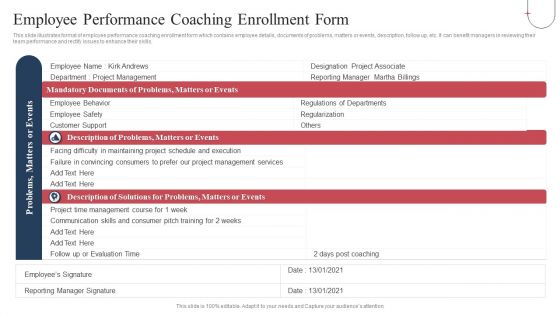 Employee Performance Coaching Enrollment Form Ppt Gallery Guide PDF