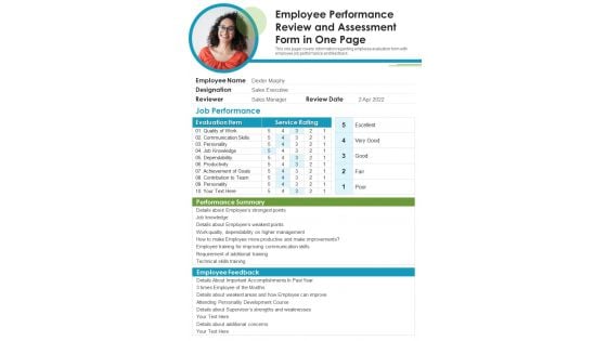 Employee Performance Review And Assessment Form In One Page PDF Document PPT Template