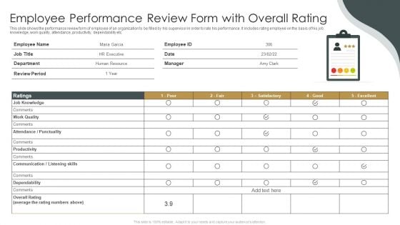 Employee Performance Review Form With Overall Rating Ppt Visual Aids Styles PDF