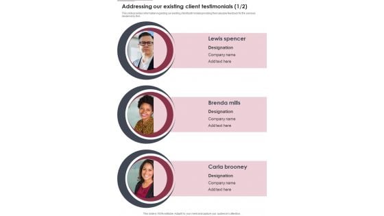Employee Perk Administration Addressing Our Existing Client Testimonials One Pager Sample Example Document Employee Perk Administration Addressing Our Existing Client Testimonials One Pager Sample Example Document