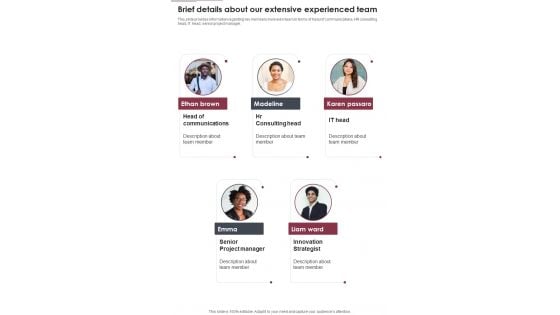 Employee Perk Administration Brief Details About Our Extensive One Pager Sample Example Document Employee Perk Administration Brief Details About Our Extensive One Pager Sample Example Document