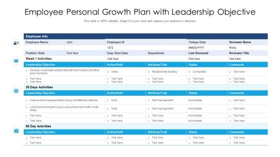 Employee Personal Growth Plan With Leadership Objective Ppt Gallery Portrait PDF Employee Personal Growth Plan With Leadership Objective Ppt Gallery Portrait PDF