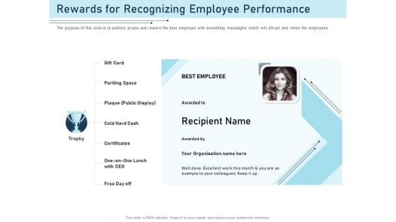 Employee Recognition Award Rewards For Recognizing Employee Performance Ppt PowerPoint Presentation Show Samples PDF