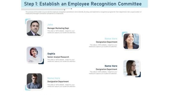 Employee Recognition Award Step 1 Establish An Employee Recognition Committee Ppt PowerPoint Presentation Gallery Images PDF