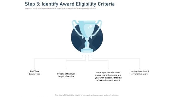 Employee Recognition Award Step 3 Identify Award Eligibility Criteria Ppt PowerPoint Presentation Ideas Gallery PDF Employee Recognition Award Step 3 Identify Award Eligibility Criteria Ppt PowerPoint Presentation Ideas Gallery PDF