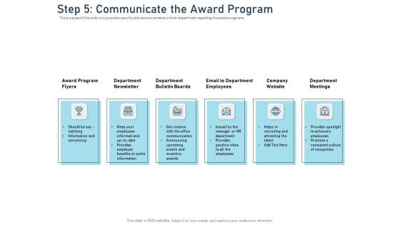 Employee Recognition Award Step 5 Communicate The Award Program Ppt PowerPoint Presentation Icon Format PDF Employee Recognition Award Step 5 Communicate The Award Program Ppt PowerPoint Presentation Icon Format PDF