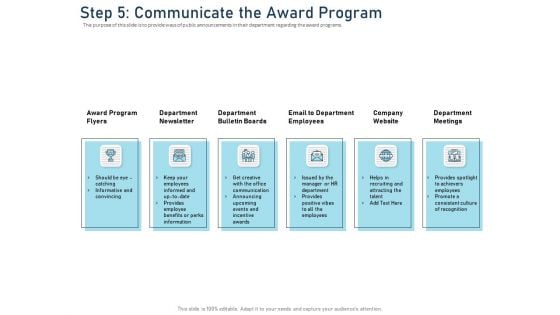 Employee Recognition Award Step 5 Communicate The Award Program Ppt PowerPoint Presentation Icon Format PDF