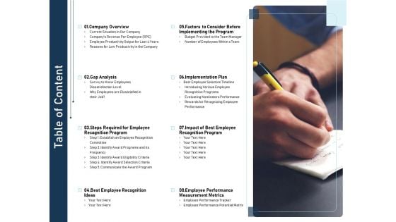 Employee Recognition Award Table Of Content Ppt PowerPoint Presentation Professional Example Topics PDF Employee Recognition Award Table Of Content Ppt PowerPoint Presentation Professional Example Topics PDF