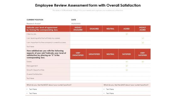 Employee Review Assessment Form With Overall Satisfaction Ppt PowerPoint Presentation File Layout PDF