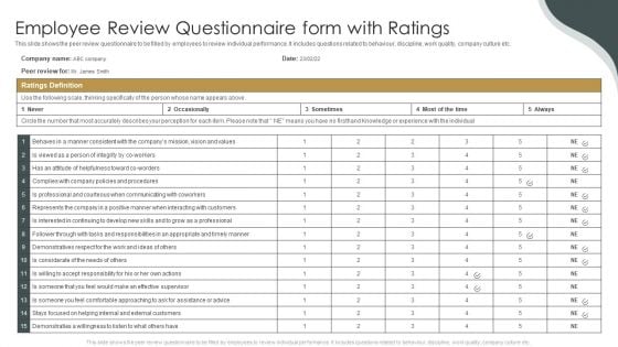 Employee Review Questionnaire Form With Ratings Ppt Infographics Model PDF