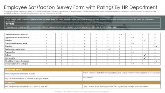 Employee Satisfaction Survey Form With Ratings By HR Department Ppt Infographic Template Topics PDF